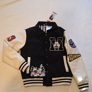 Disney Black and Cream Mickey Varsity Bomber Jacket with Patches